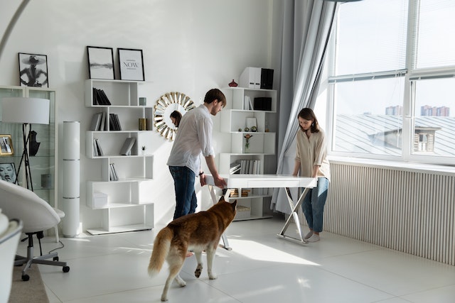 two people moving a white table near a dog